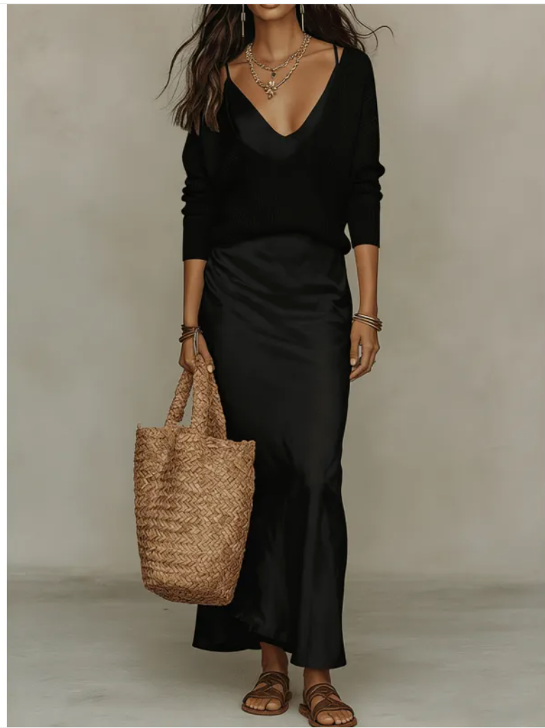 Ensemble pour femme composé d'un pull en maille uni à col en V et d'une robe en satin