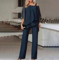 Ensemble deux pièces pour femme : haut ample à manches chauve-souris et pantalon droit, coupe décontractée et originale, couleur unie
