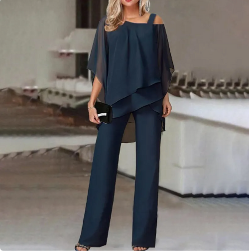 Ensemble deux pièces pour femme : haut ample à manches chauve-souris et pantalon droit, coupe décontractée et originale, couleur unie