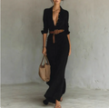 Robe longue asymétrique avec ceinture : une robe-chemise élégante et tendance, à manches longues, col à revers et boutons, idéale pour le quotidien ou la tenue de bureau.